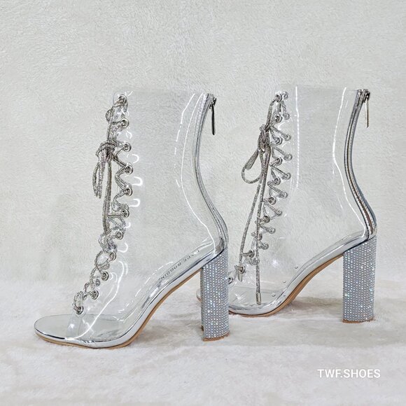 See Me Silver Rhinestone Laces Heels Clear Upper Open Toe Ankle Boots NEW - Picture 8 of 14